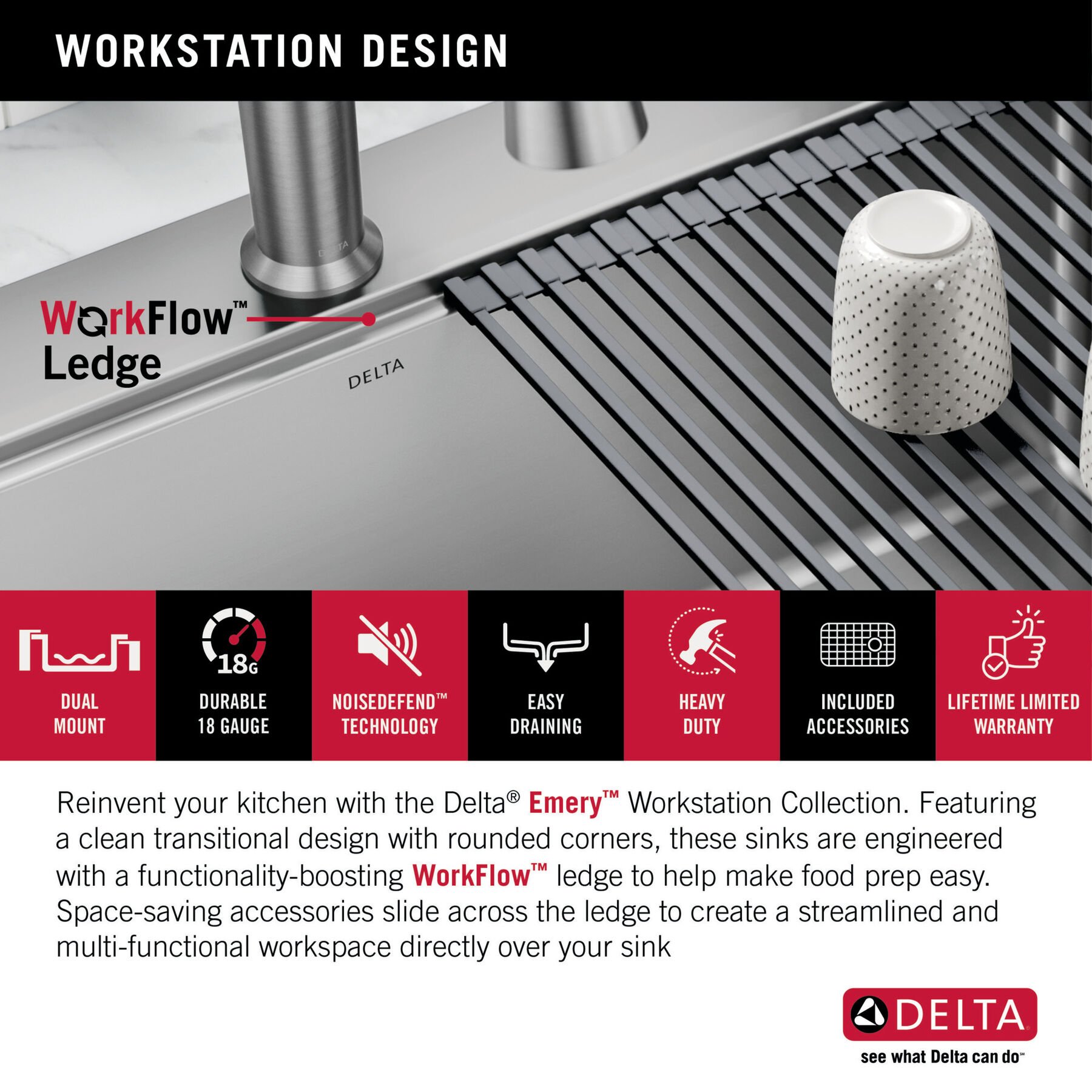 33&rdquo; Stainless Steel Workstation Kitchen Sink Drop-In Undermount Single Bowl with WorkFlow&trade; Ledge and Accessories