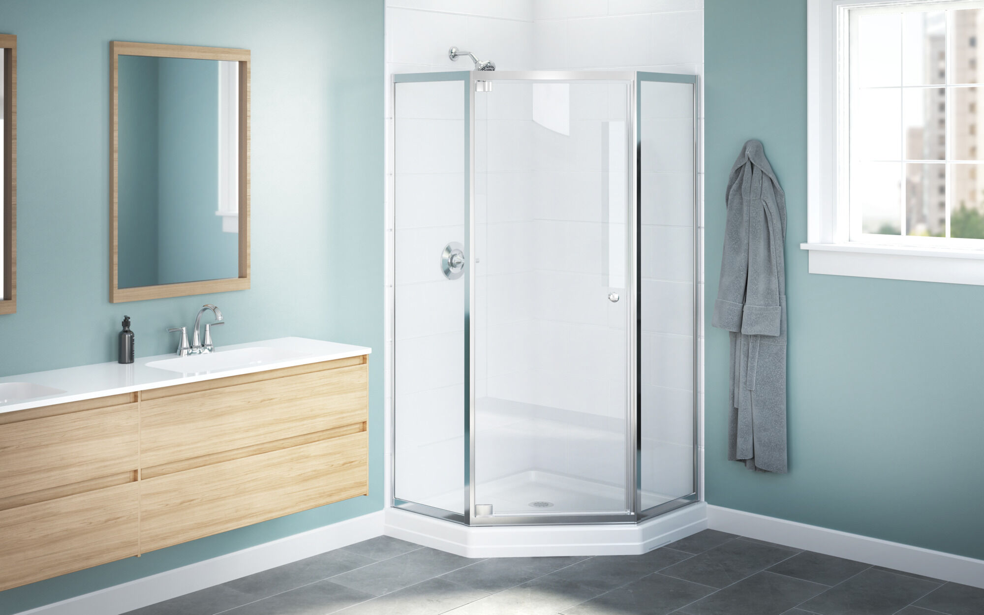 38x38 Corner Shower Base with Door Bundle - Framed Neo in Chrome