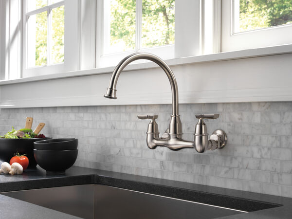 Two Handle Wall Mounted Kitchen Faucet In Stainless 22722lf Ss Delta - Wall Hung Kitchen Faucets