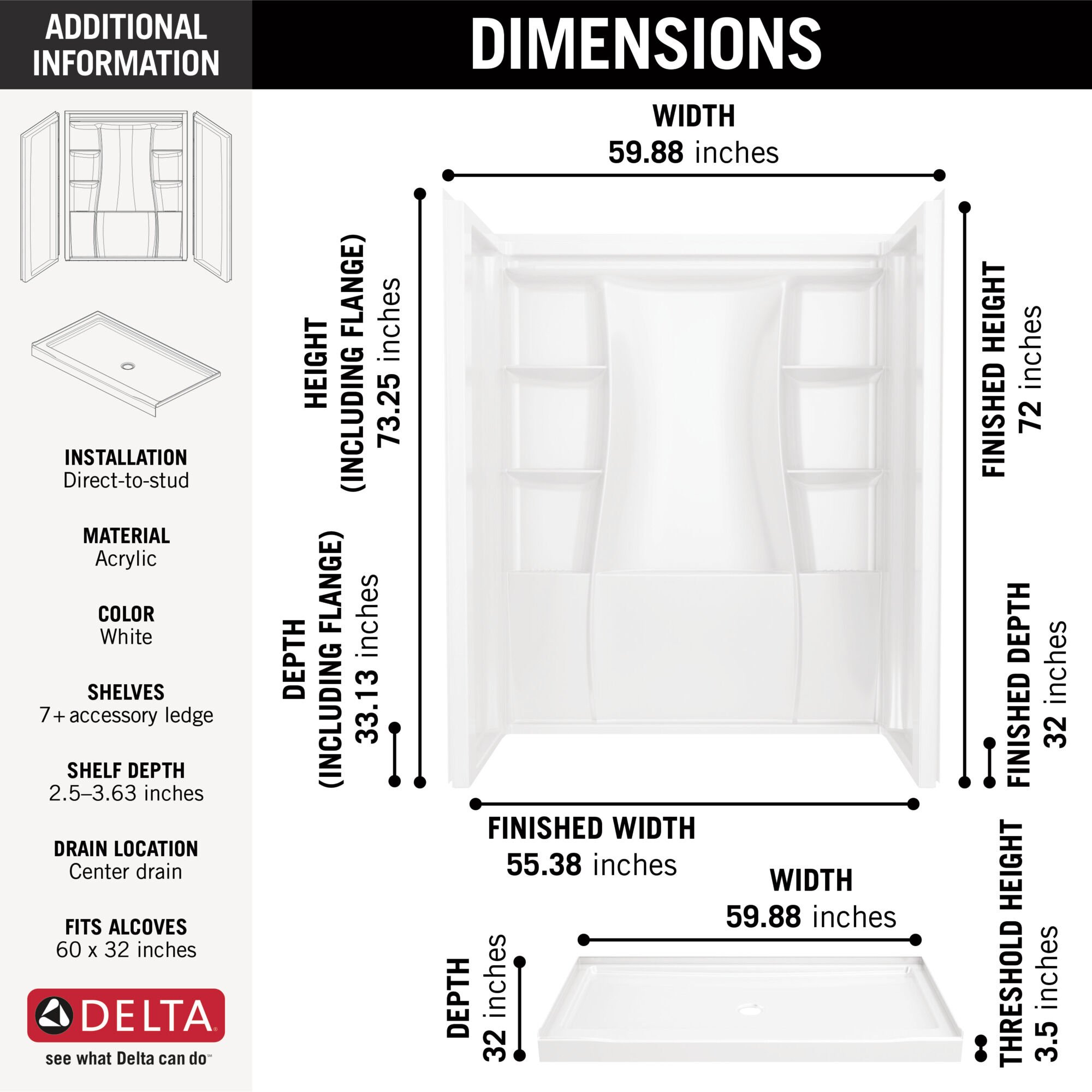 60x32 Alcove Shower Bundle - Center in High Gloss White BVS2-C5153