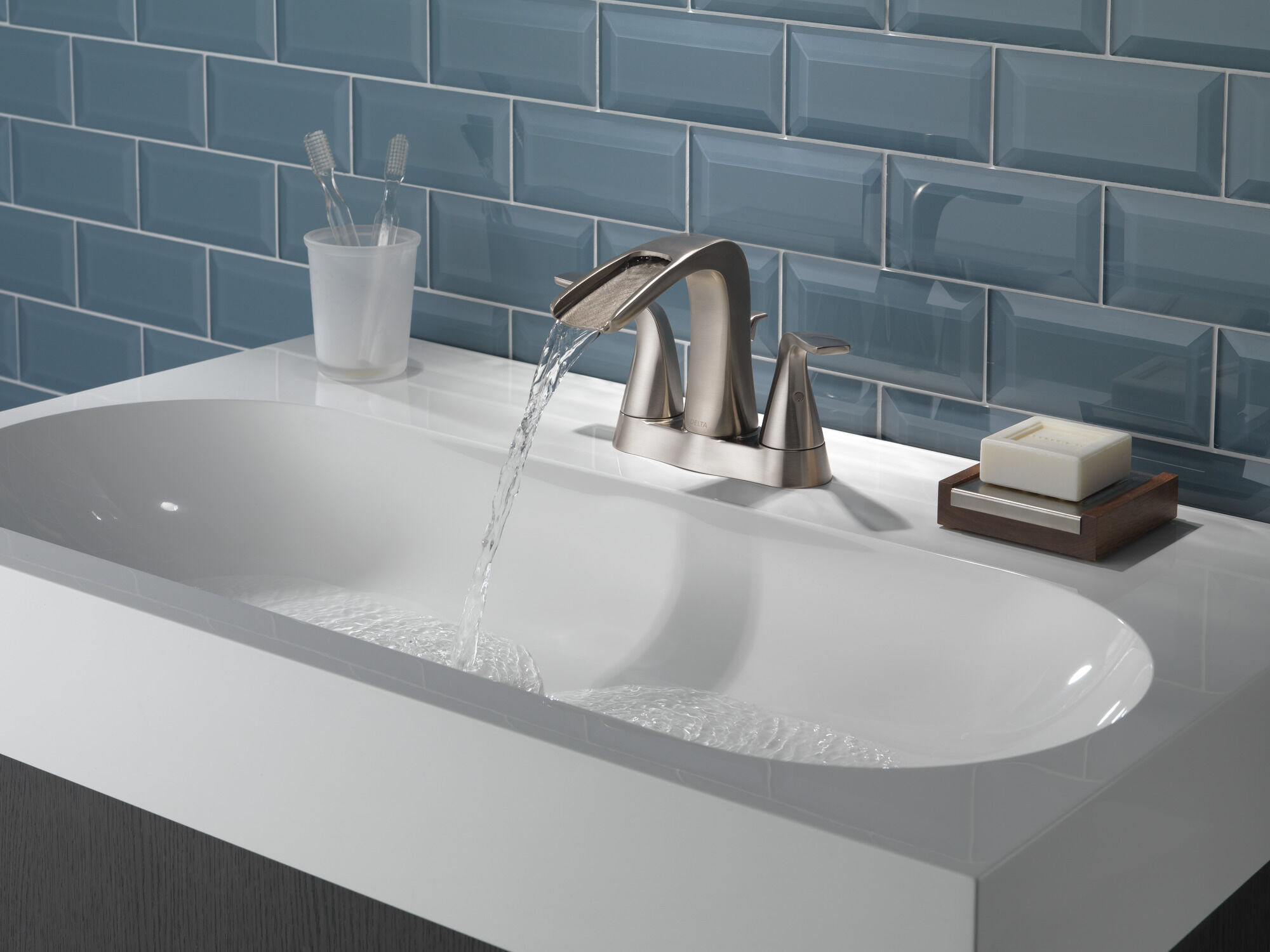 Two Handle Centerset Bathroom Faucet in Stainless 25724LF-SS-ECO