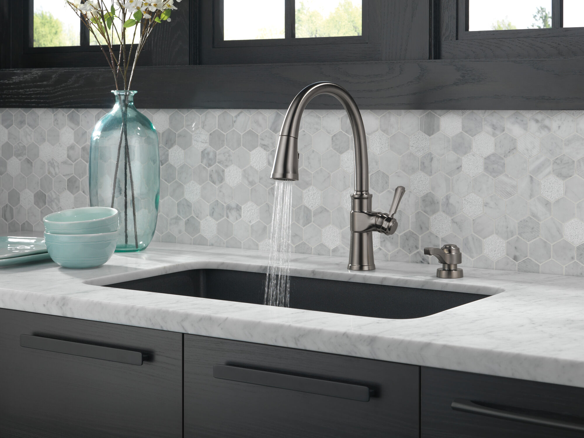 Single Handle Pull-Down Kitchen Faucet with Soap Dispenser and