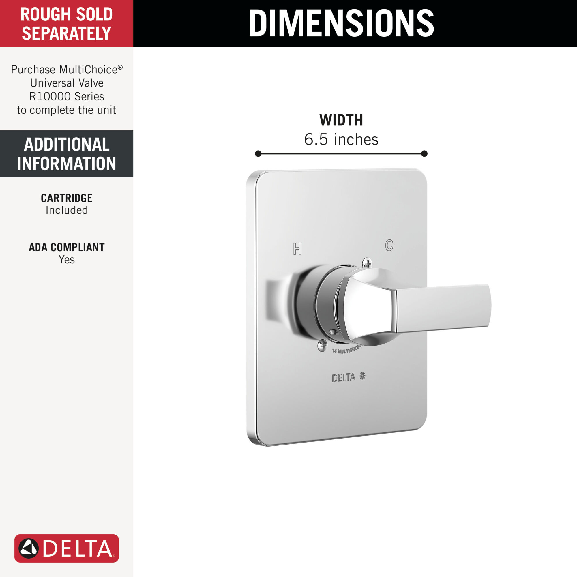 Delta Velum 14 Serie Duschventil-Verkleidungsset – Edelstahl, Einhandgriff, Ohne Ventil (T14037-SS)