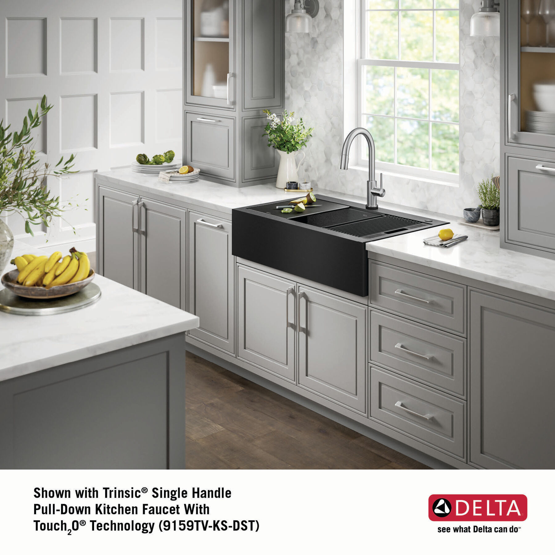 36” Retrofit Farmhouse Apron Front 16 Gauge Workstation Kitchen Sink Single  Bowl in with WorkFlow™ Ledge and Accessories for Top Mount Drop-In  Installation in PVD Gunmetal 95D9031-T36S-GS | Delta Faucet, image size:1800x1800