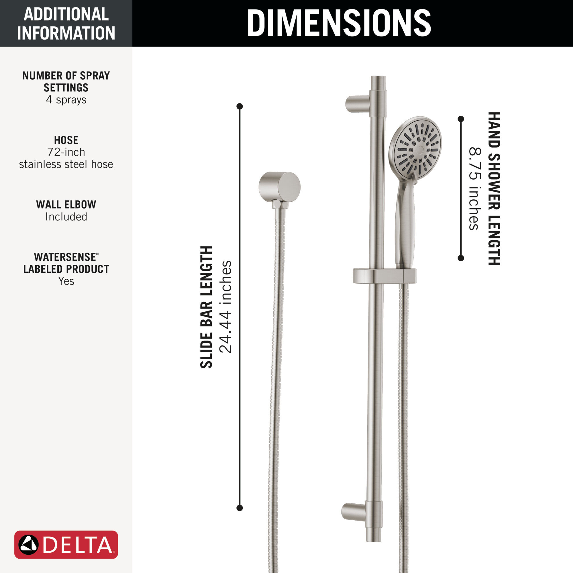 Hand Shower 1.75 GPM w/Slide Bar 4S in Stainless 51361-SS | Delta