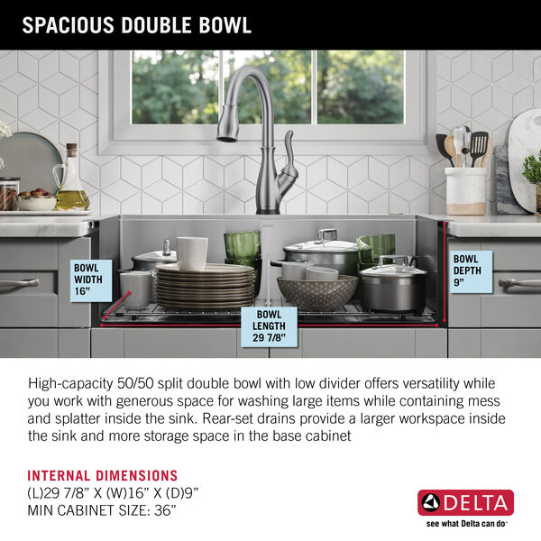 DELTA 95A932-25S-SS Lorelai Workstation Kitchen Sink Drop-in Top Mount Stainless Steel Single Bowl with WorkFlow Ledge and Chef’s Kit of Accessorie - 2