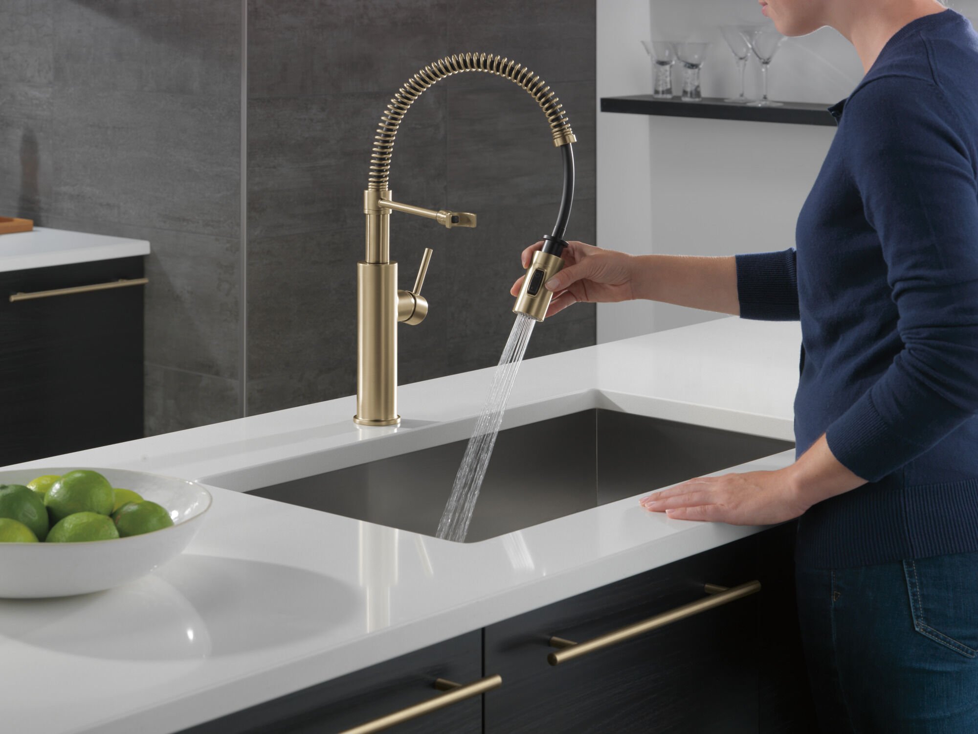 Single-Handle Pull-Down Spring Kitchen Faucet in Champagne Bronze