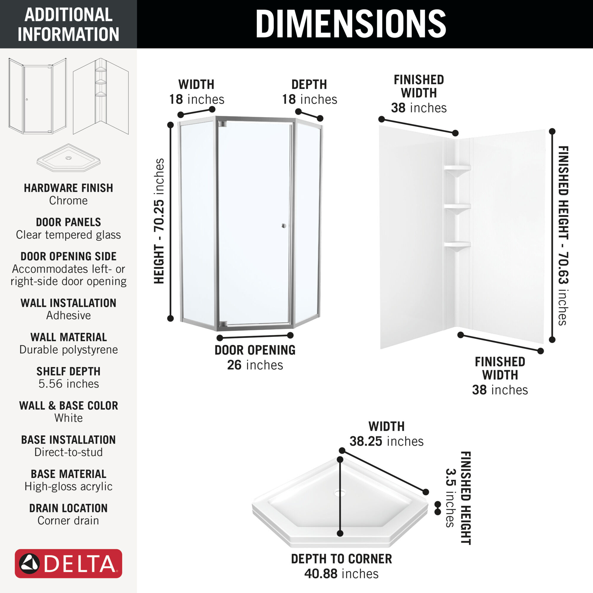 38x38 Corner Shower Bundle with Door - Framed Neo with Glue Up