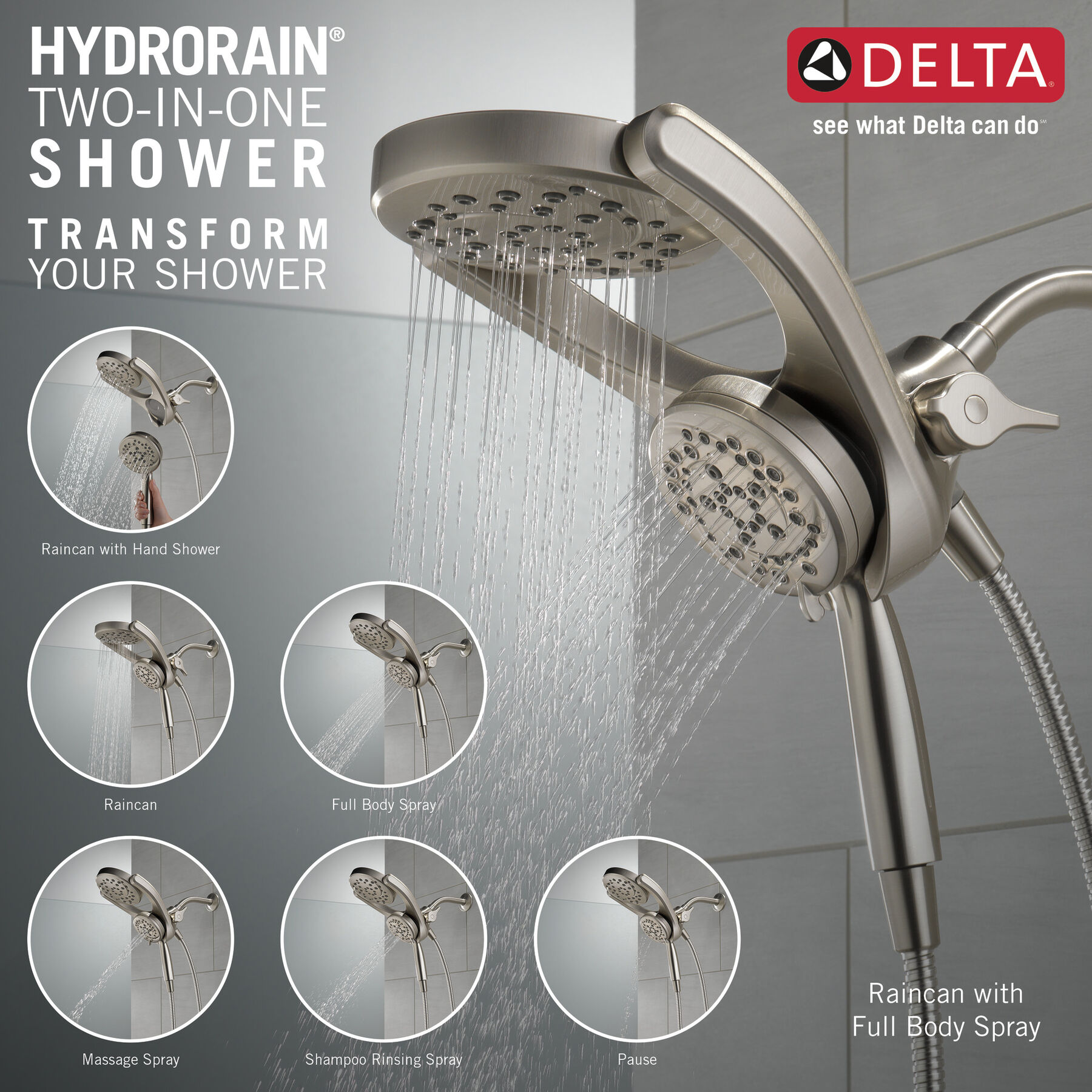 HydroRain® 4Setting TwoinOne Shower Head in Spotshield Brushed