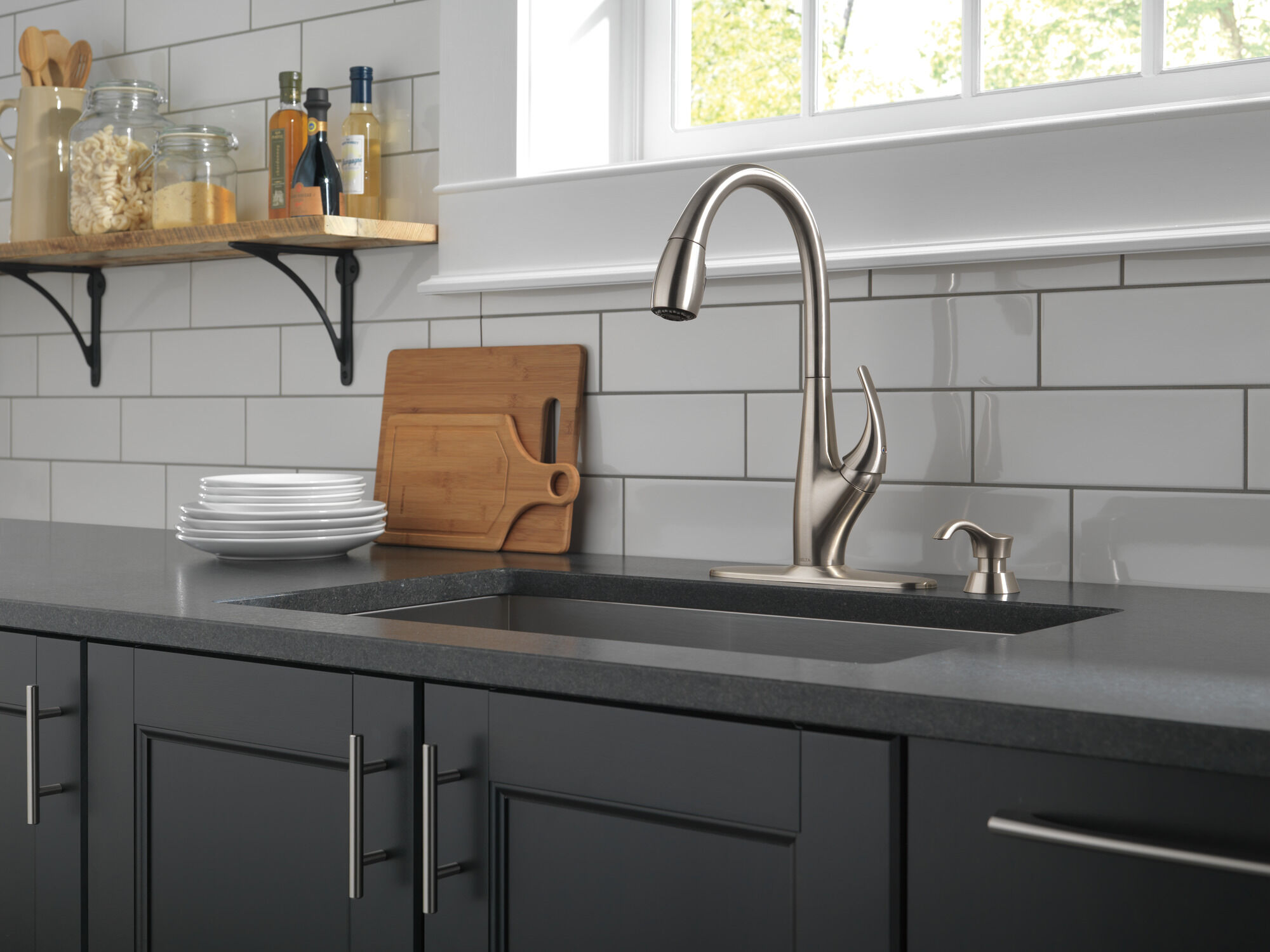 Single Handle Pull-Down Kitchen Faucet with Soap Dispenser and