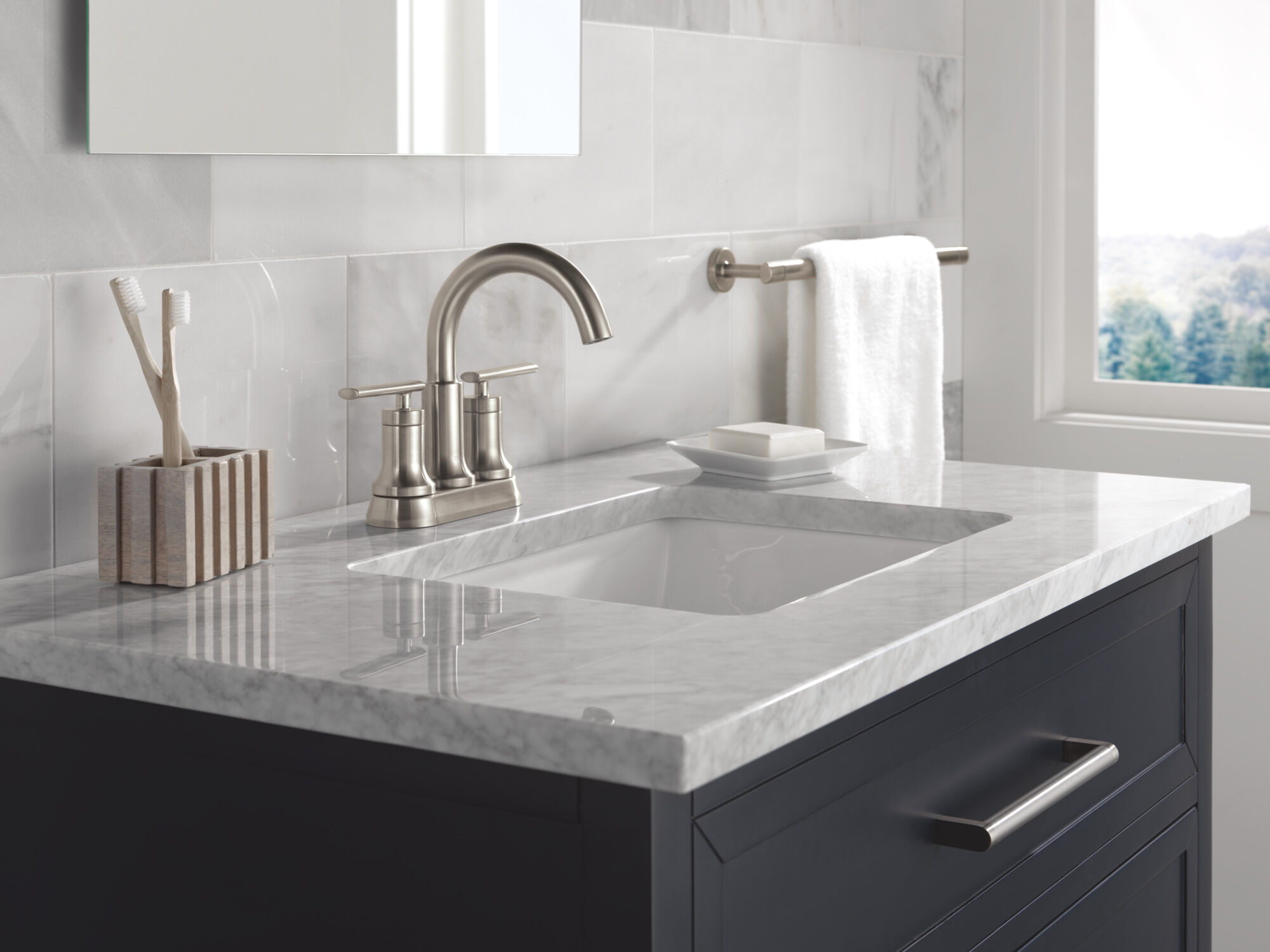 Two Handle Centerset Bathroom Faucet in Stainless 25442-SSMPU-DST