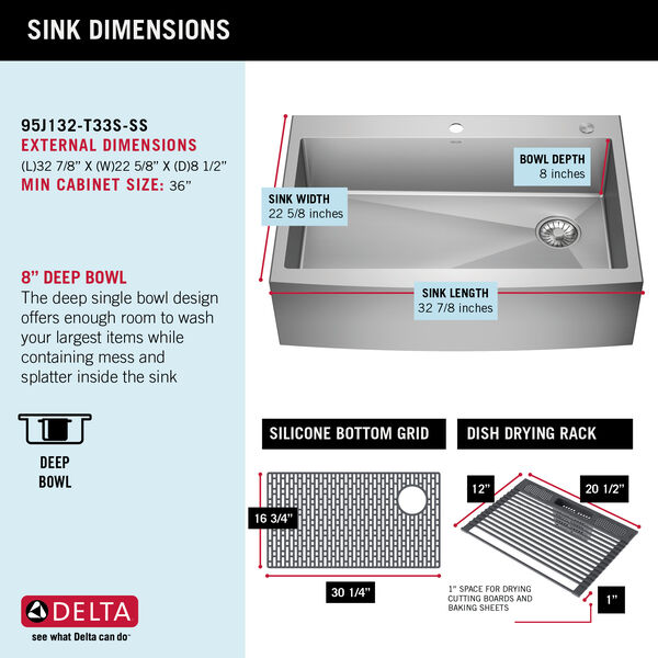 33” Retrofit Farmhouse Apron Front 16 Gauge Stainless Steel Single Bowl