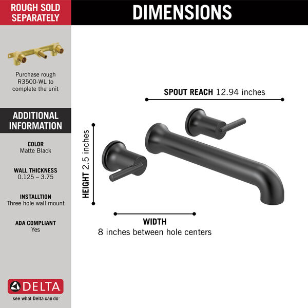 Wall Mounted Tub Filler (Recertified) in Matte Black T5759-BLWL-R 