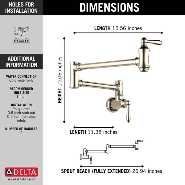 Traditional Wall Mount Pot Filler in Polished Nickel 1177LFPN Delta