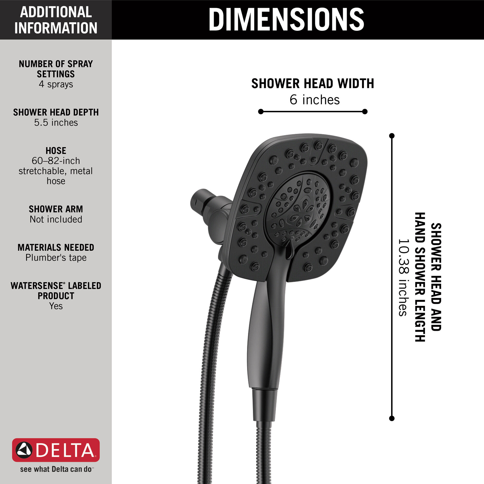 Matte Black Delta 58498-BL In2ition Hand Shower Head 1.75 GPM 4-Setting Combo 