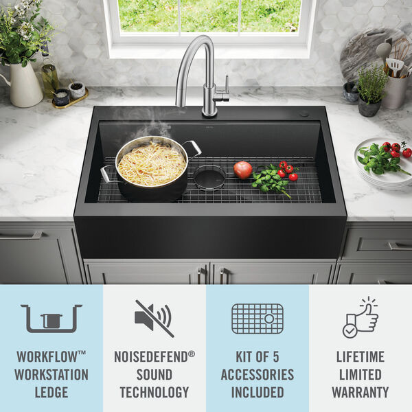 33” Retrofit Farmhouse Apron Front 16 Gauge Workstation Kitchen Sink Single  Bowl in with WorkFlow™ Ledge and Accessories for Top Mount Drop-In  Installation in PVD Gunmetal 95D9031-T33S-GS Delta Faucet