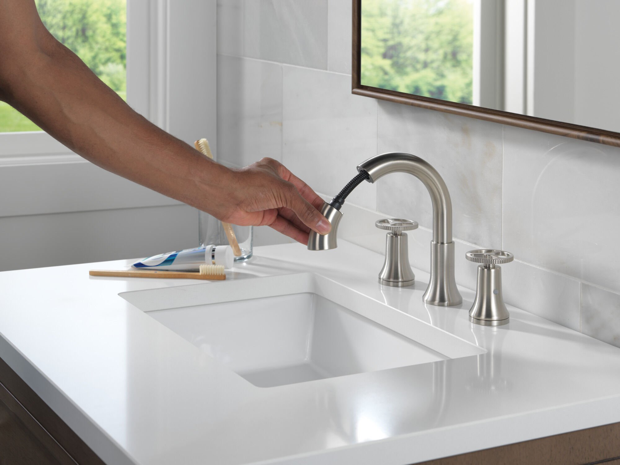 Two Handle Widespread Pull Down Bathroom Faucet in Stainless 3558