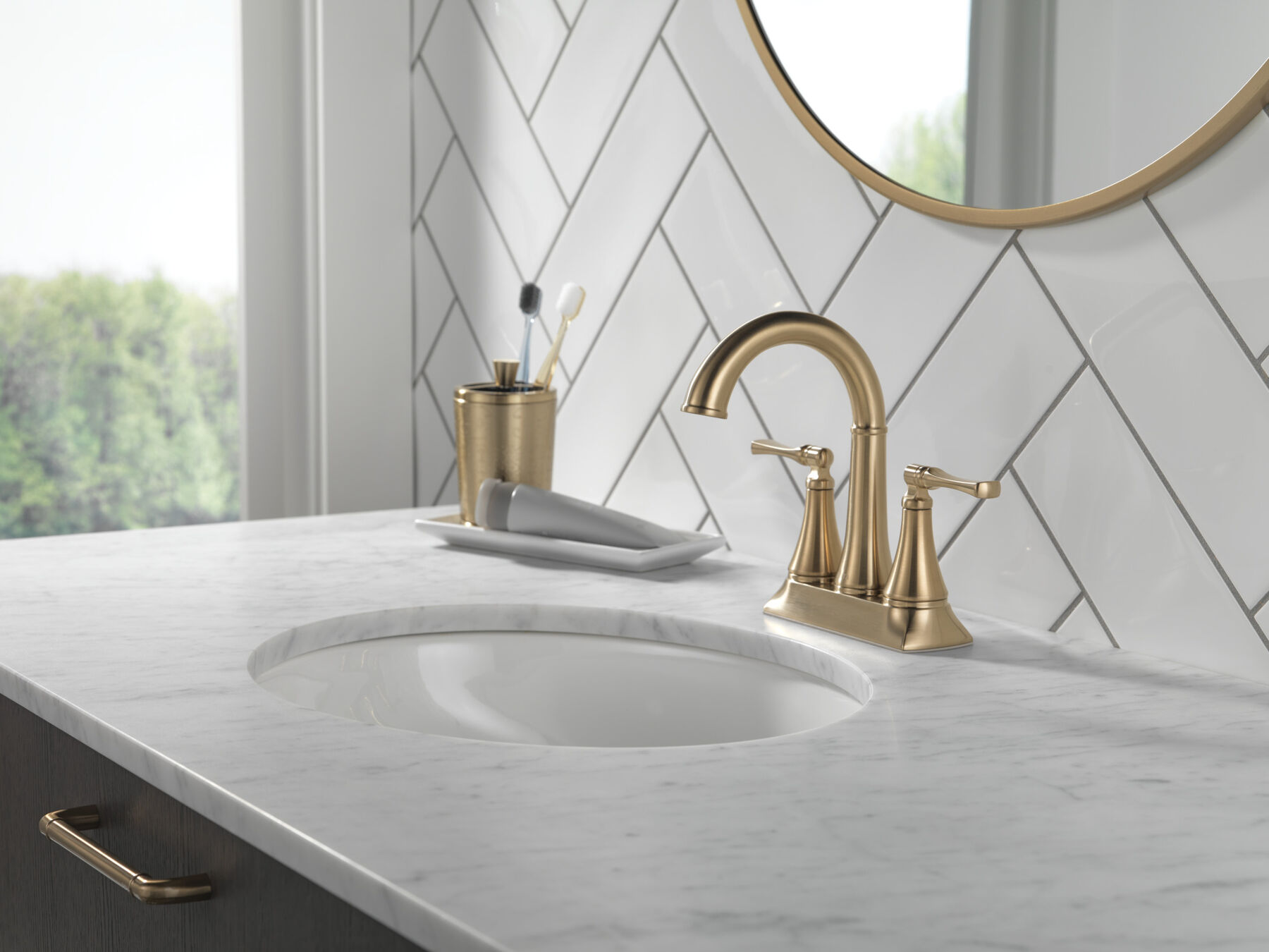 Two Handle Centerset Bathroom Faucet in Champagne Bronze 25798LF