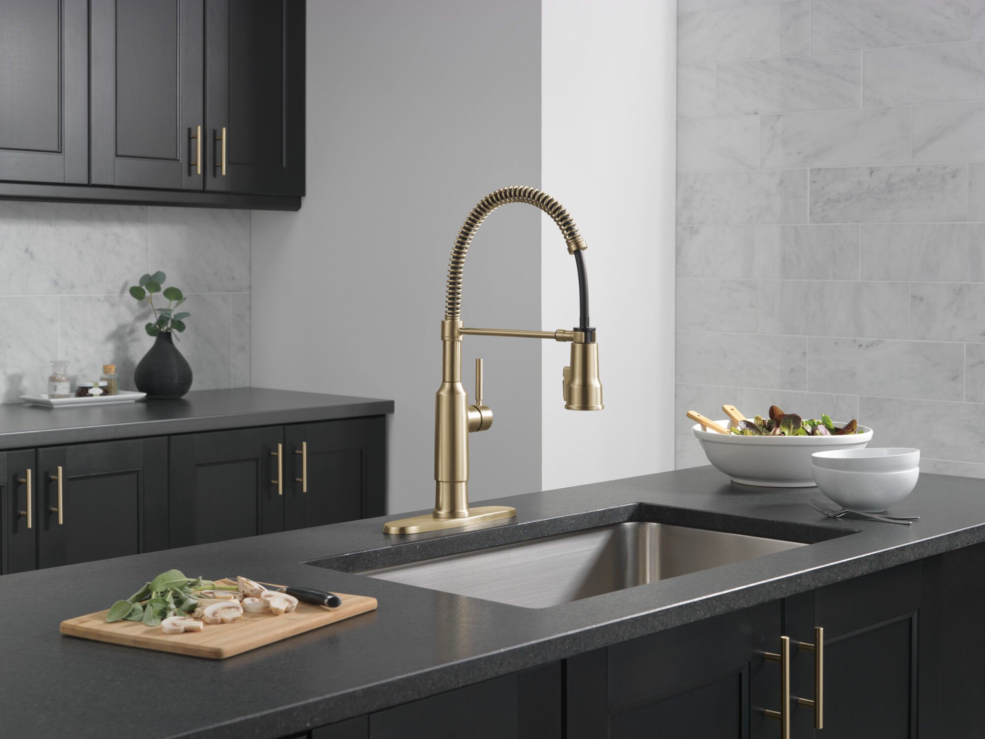 Single-Handle Pull-Down Spring Kitchen Faucet in Champagne Bronze