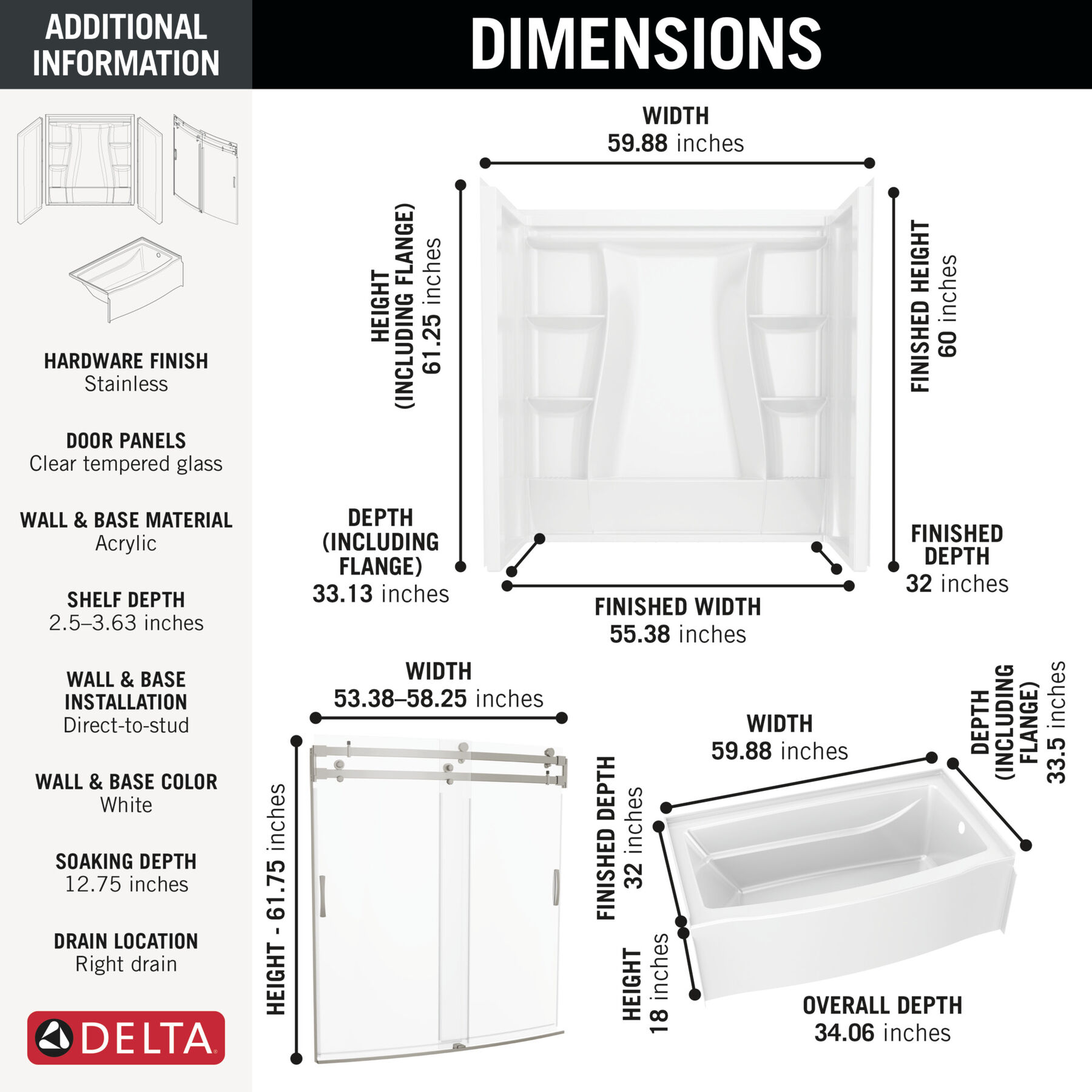 60x32 Alcove Bathtub Bundle with Door - Right Drain, image 1