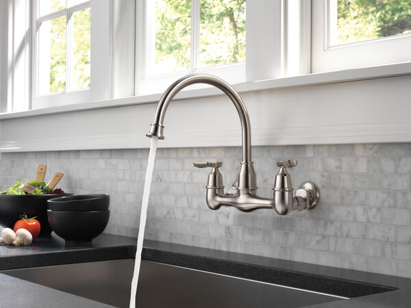 Two Handle Wall Mounted Kitchen Faucet 22722lf Ss Delta - Wall Mounted Kitchen Sink Faucet