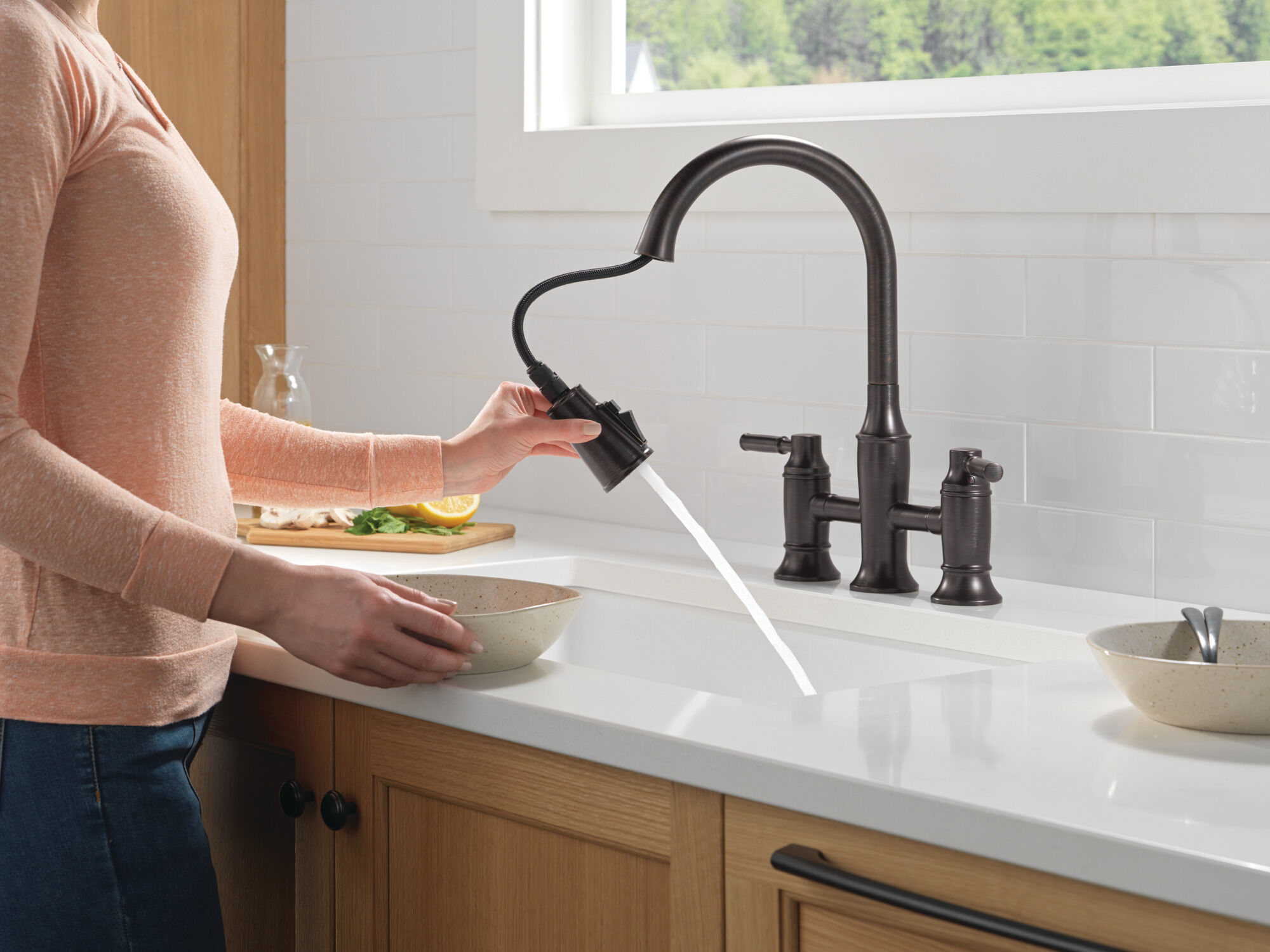 Two Handle Pull-Down Bridge Kitchen Faucet in Venetian Bronze