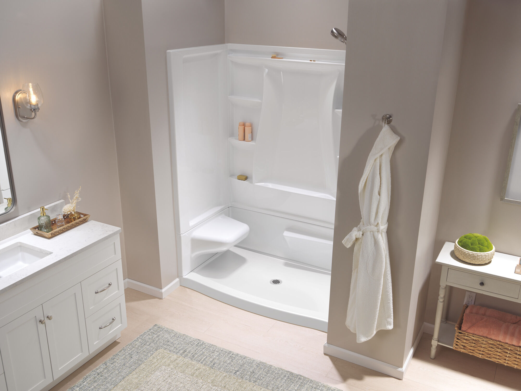 60x32 Alcove Shower Bundle - Left Seat Center Drain Curve in High