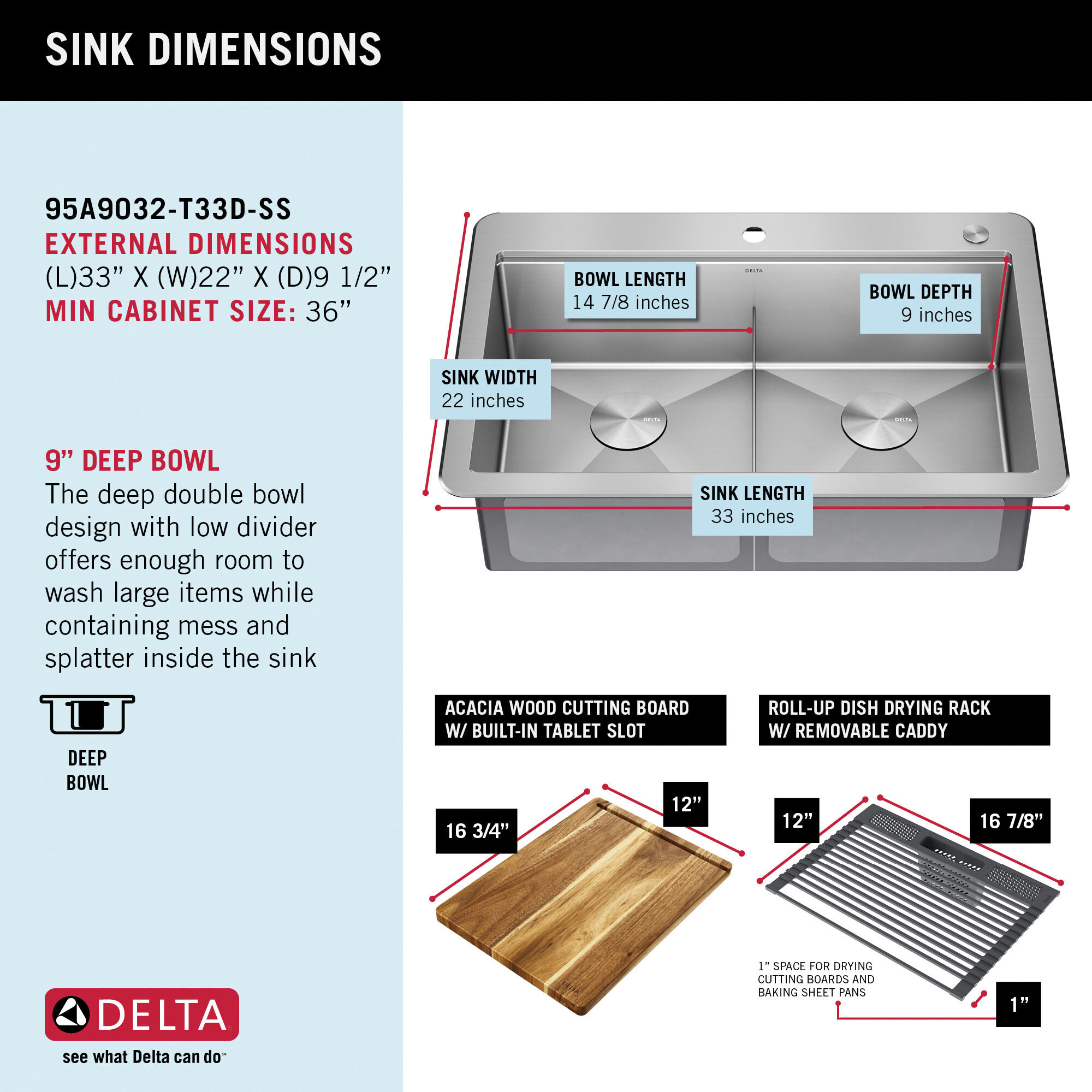33” Workstation Drop-In Top Mount Double Bowl 16 Gauge Stainless