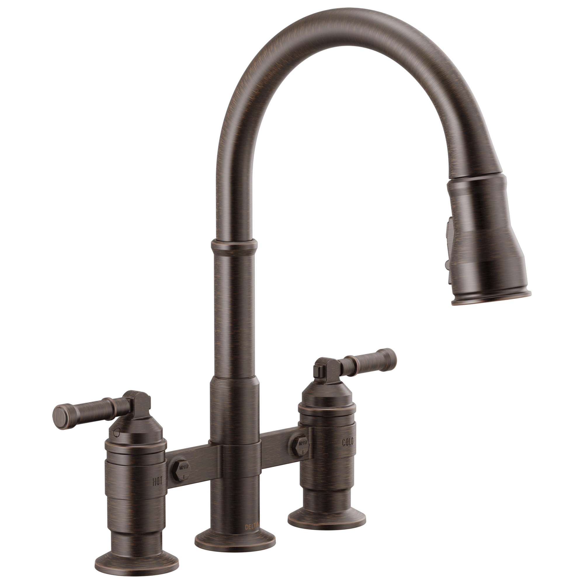BroderickE Two Handle Pull-Down Bridge Kitchen Faucet - Venetian Bronze