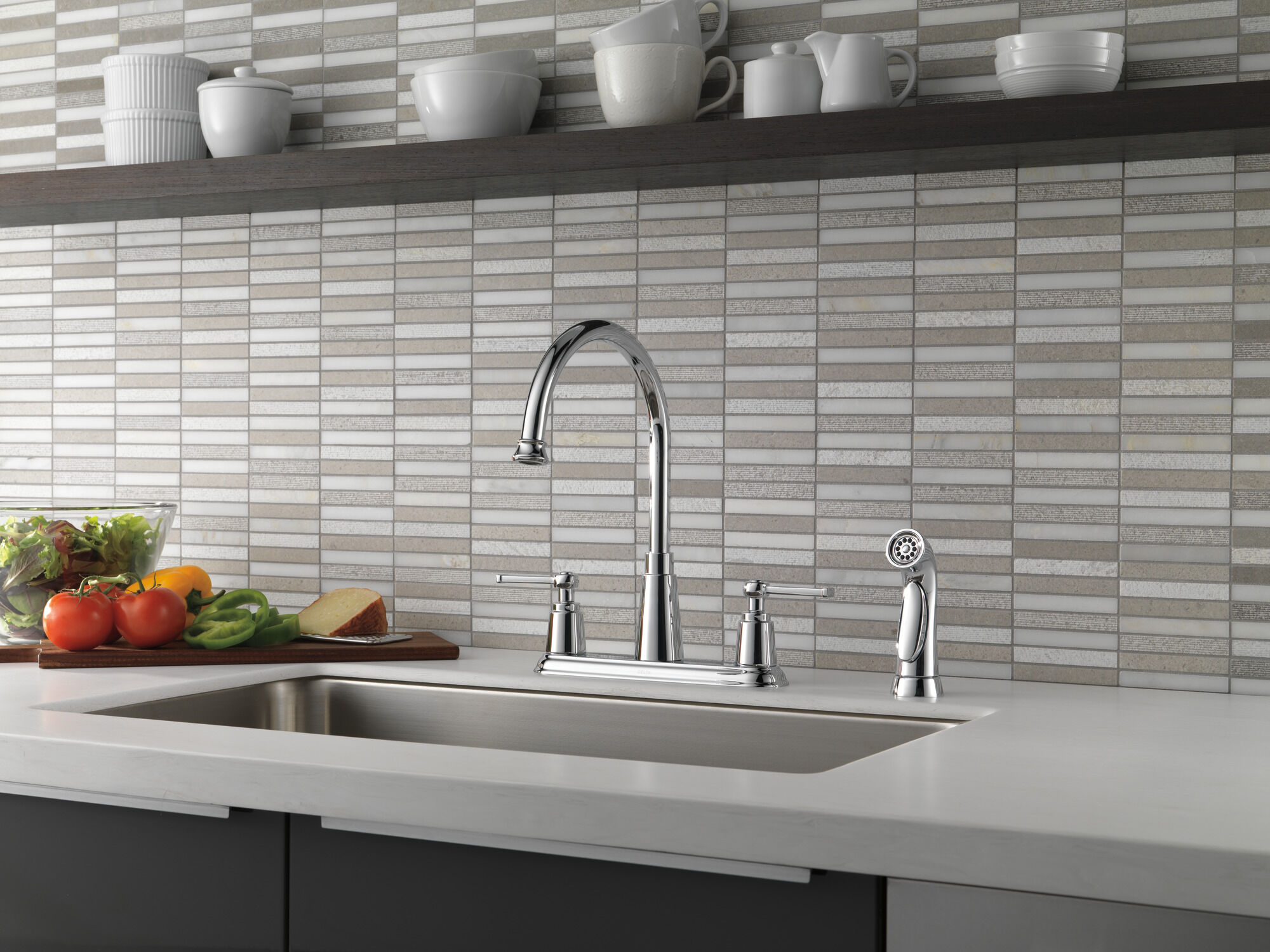 Two Handle Kitchen Faucet with Spray in Chrome 21742LF | Delta Faucet