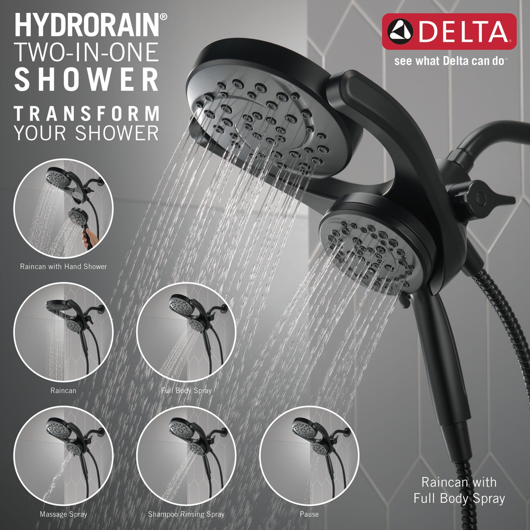 HydroRain® 4Setting TwoinOne Shower Head in Matte Black 75699BL