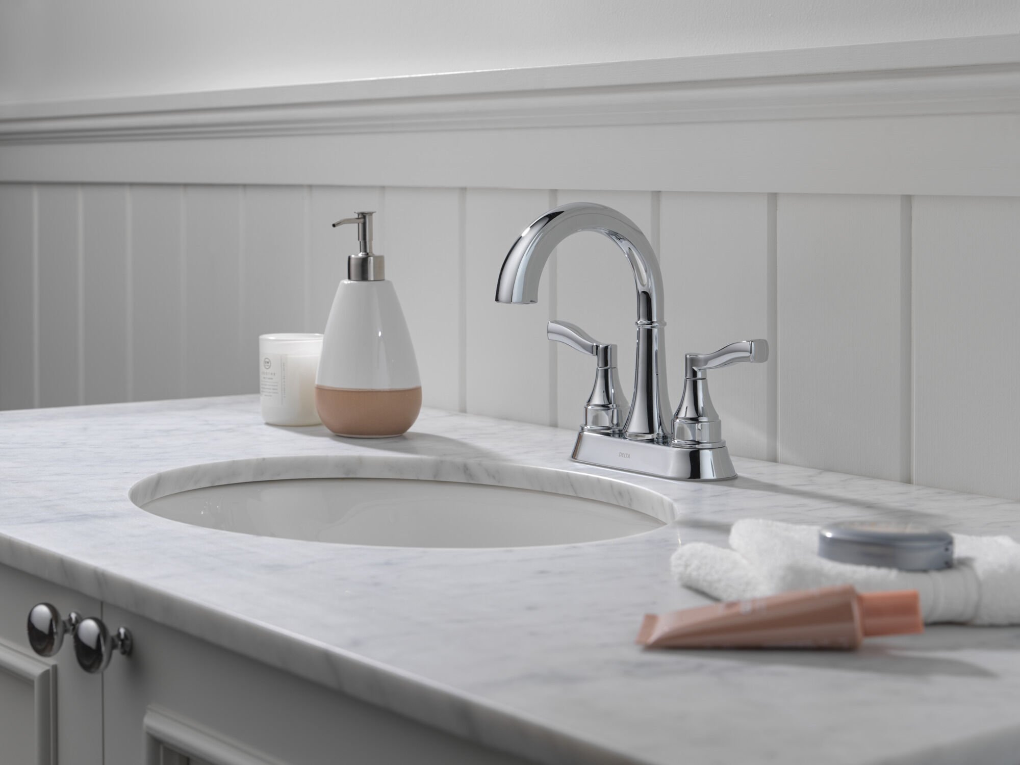 Two Handle Centerset Bathroom Faucet in Chrome 25822LF | Delta Faucet