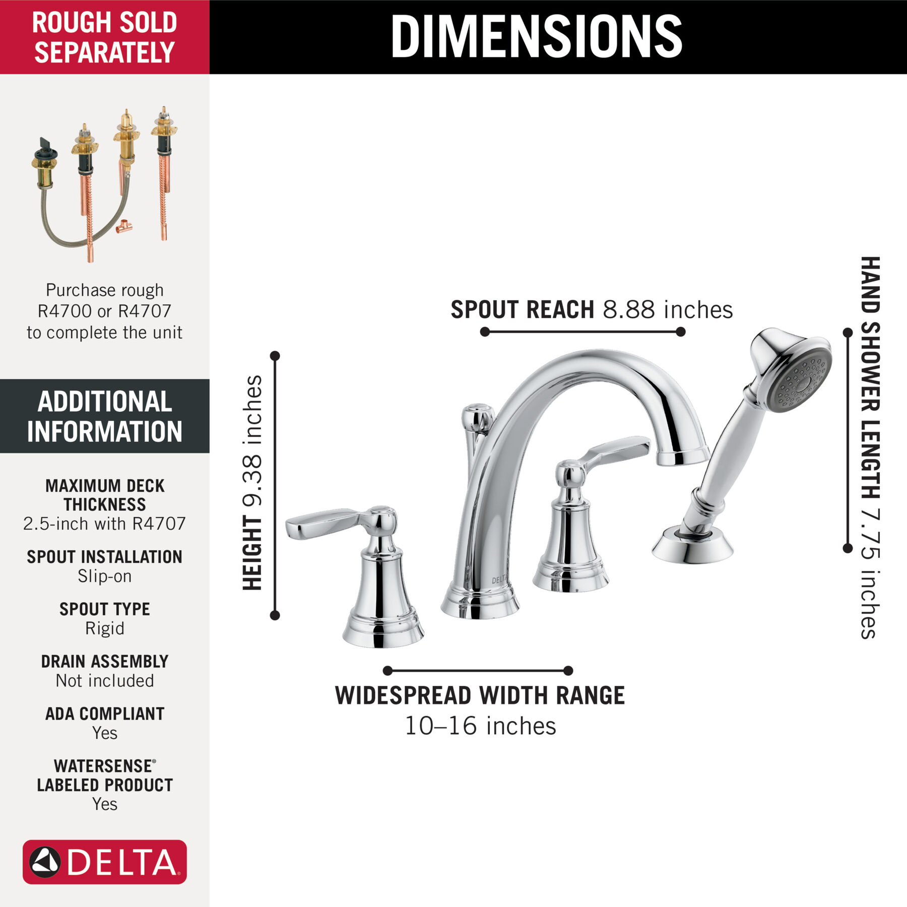 Roman Tub with Handshower Trim in Chrome T4732 | Delta Faucet, image size:1800x1800