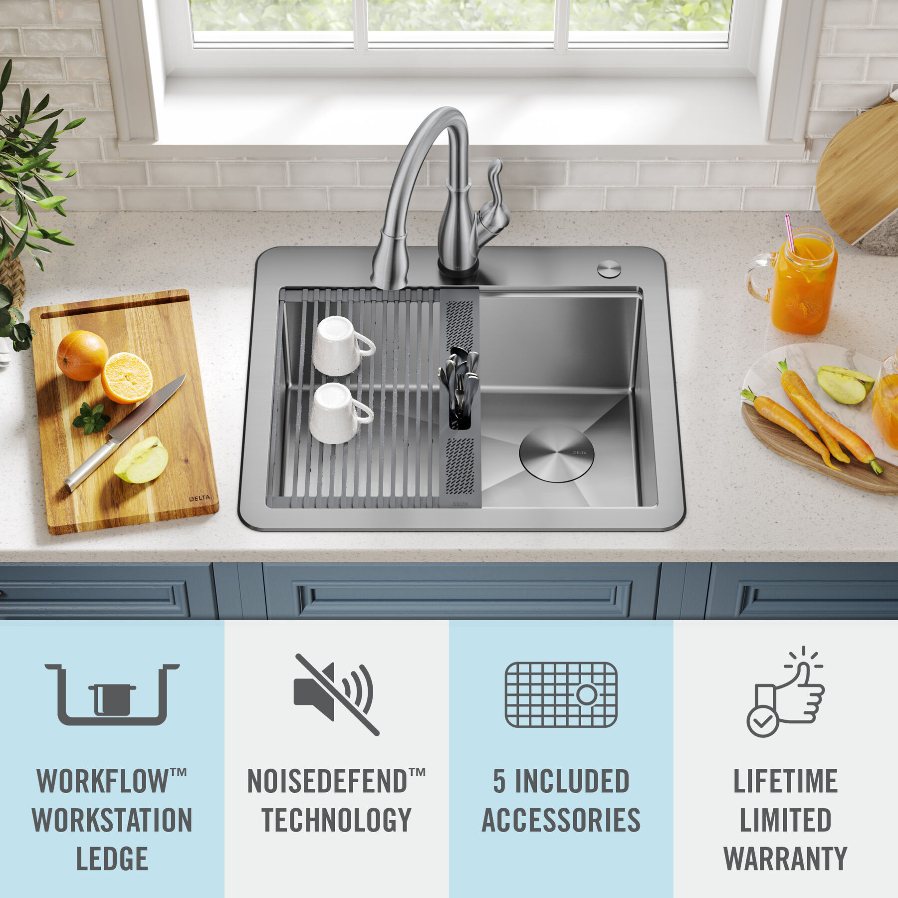Delta - Rivet 25in Workstation Kitchen Sink Drop-In Top Mount 16 Gauge Stainless Steel Single Bowl with Workflow Ledge and Accessories