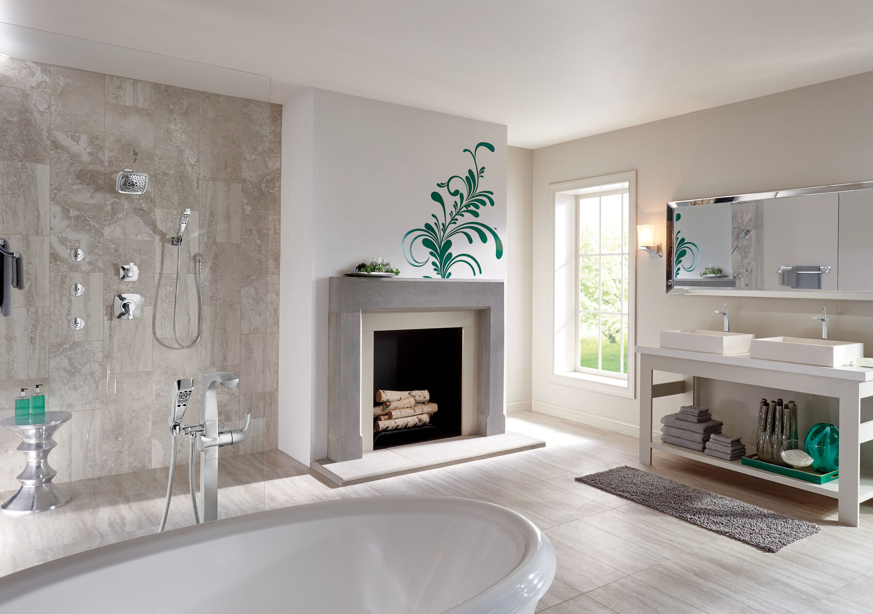 Single Handle Floor Mount Tub Filler Trim with Hand Shower in Chrome