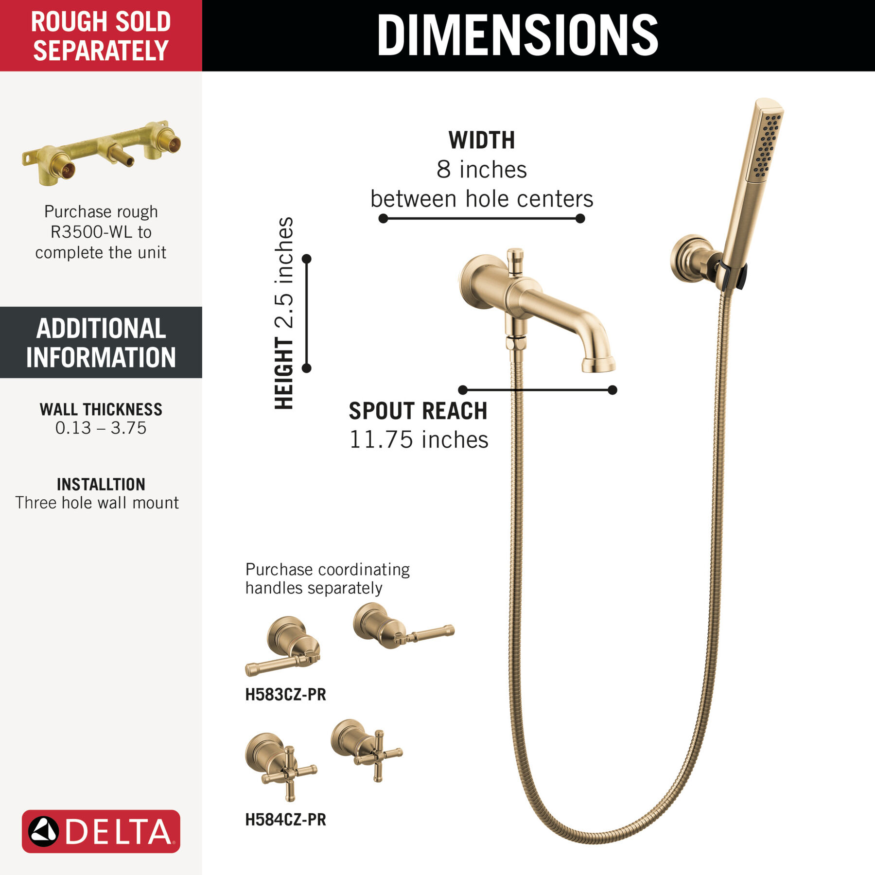 Wall Mount Tub Filler Trim with Hand Shower Less Handles in Lumicoat
