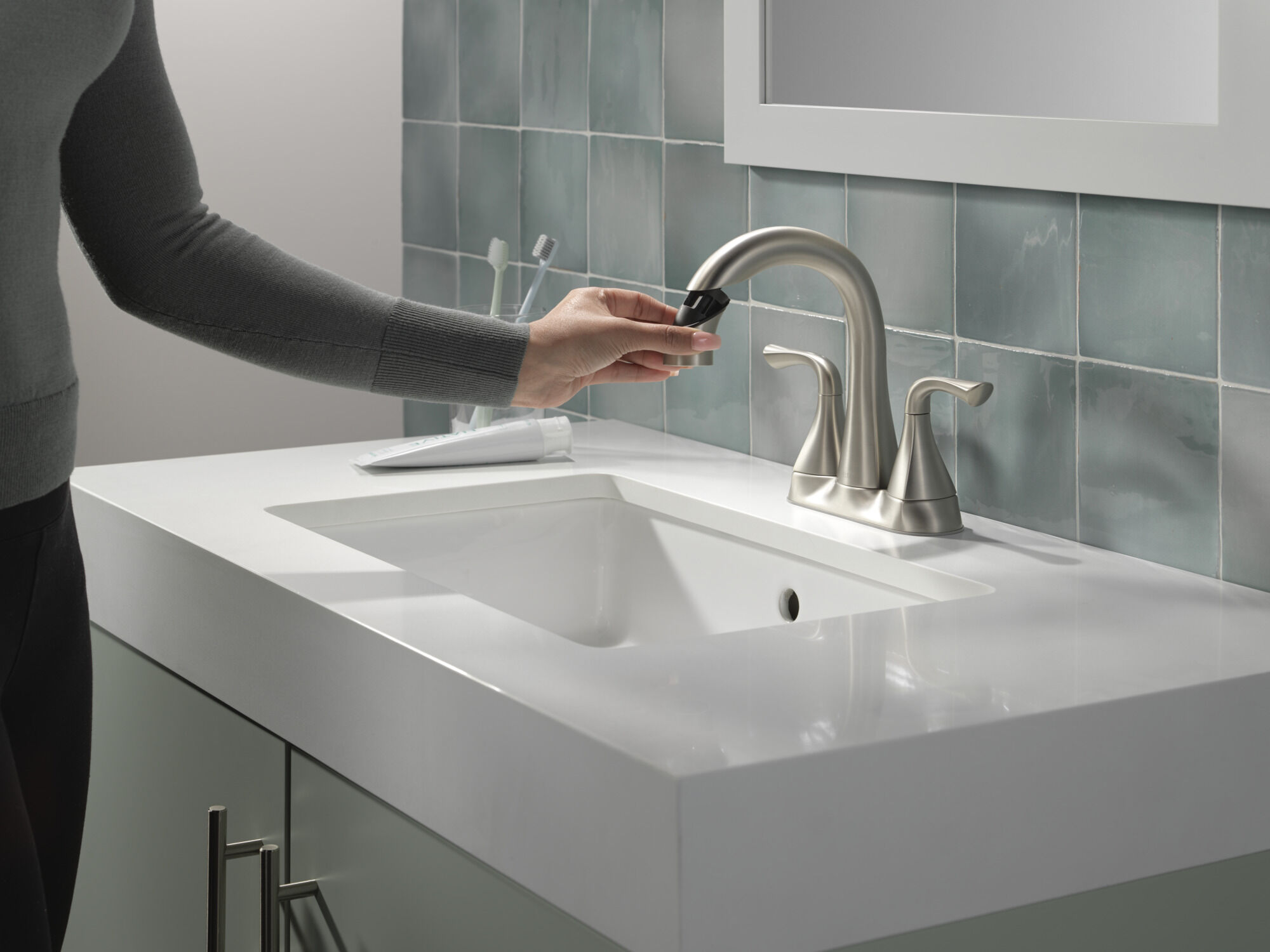 Two Handle Centerset Pull-Down Bathroom Faucet in Spotshield