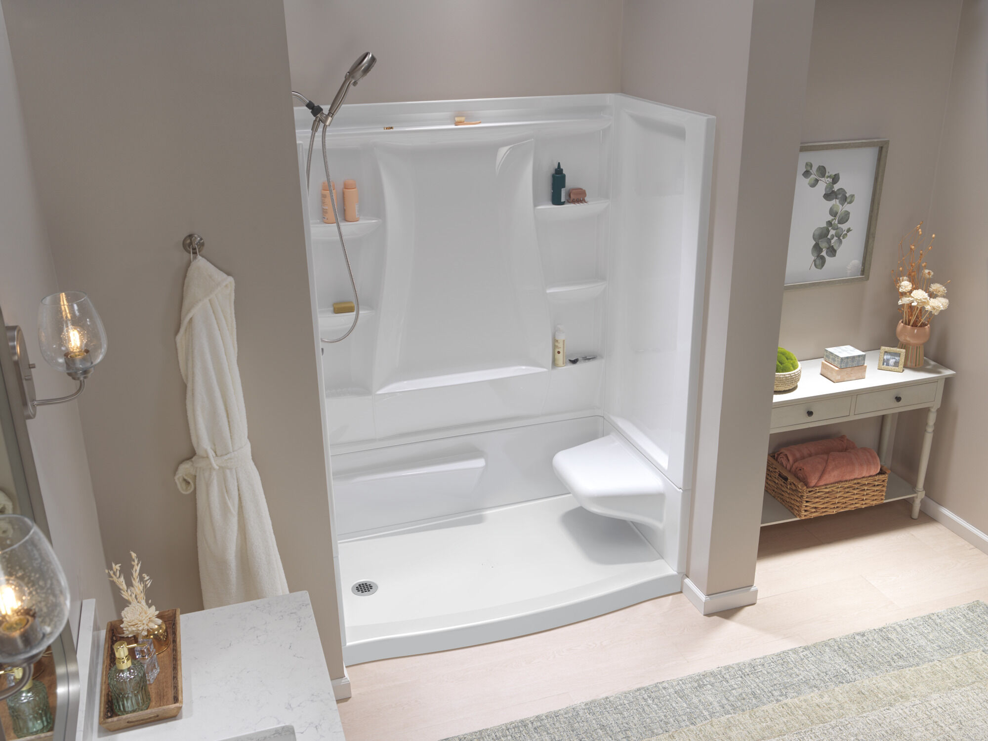 60x32 Alcove Shower Bundle - Right Seat Left Drain Curve in High