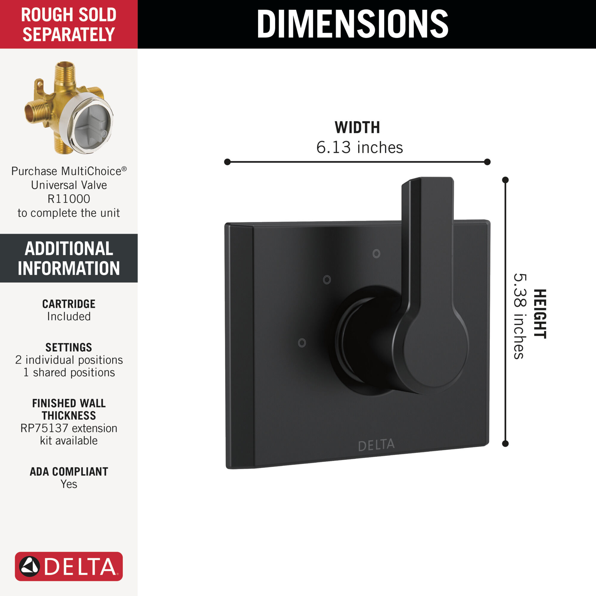 3-Setting 2-Port Diverter Trim in Matte Black T11899-BL | Delta Faucet