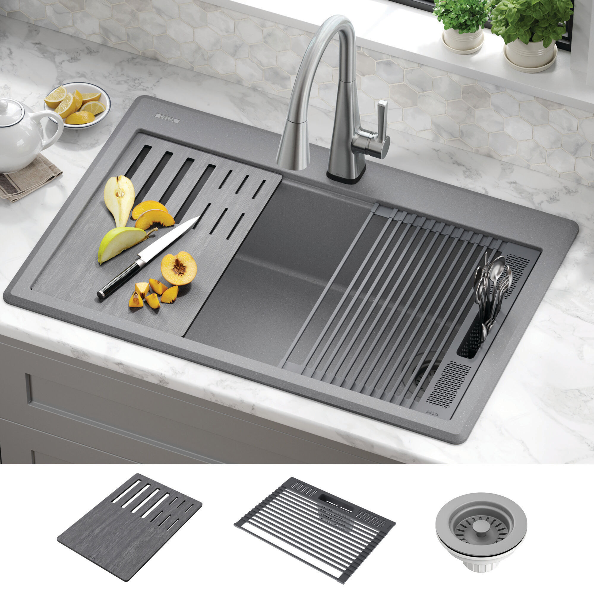 タカショー　キューブボッドカント　ムーングレー 33” Granite Composite Workstation Kitchen Sink Drop-In Top Mount