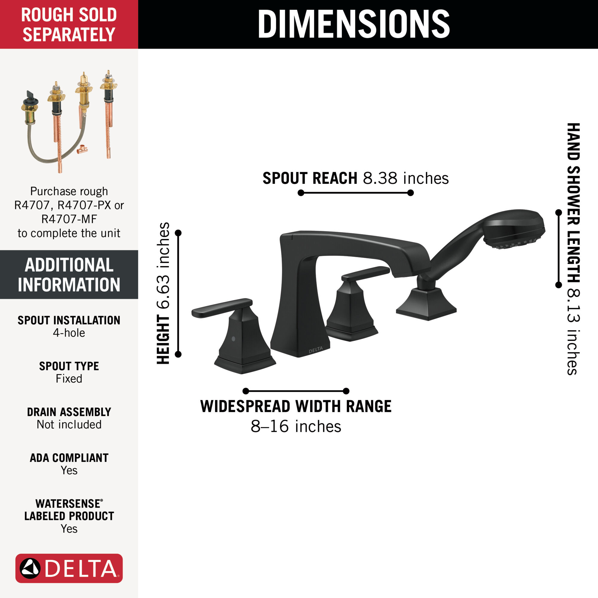 Roman Tub Trim with Hand Shower in Matte Black T4764-BL | Delta Faucet