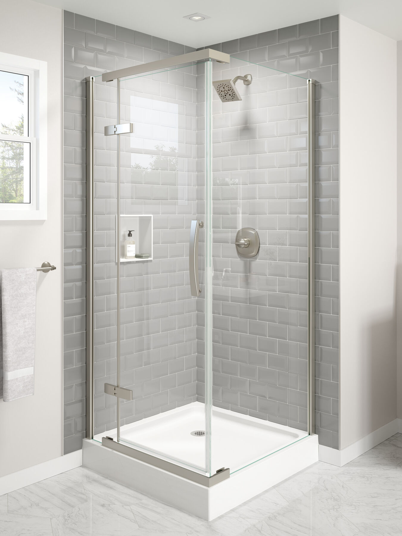 Frameless shower door with glass enclosure and towel hooks. Available to  any size at Delta Gl…
