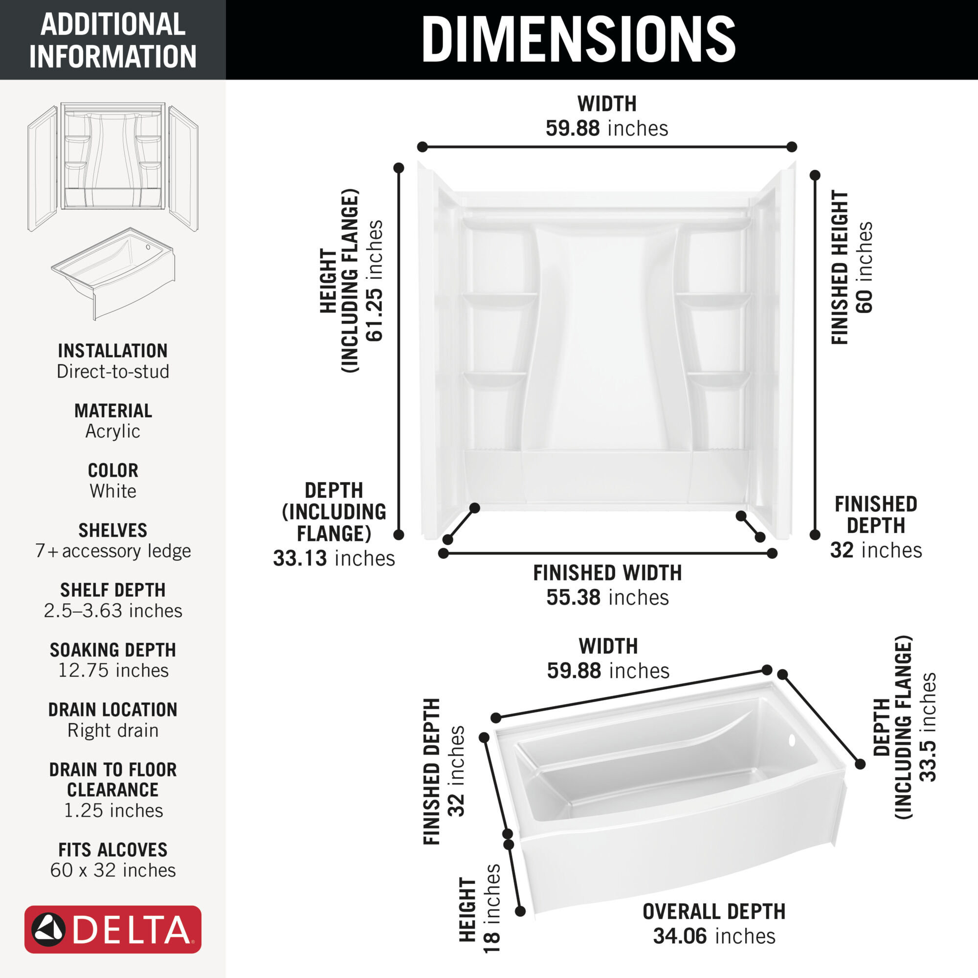 60x32 Alcove Bathtub Bundle without Door - Right Drain in High