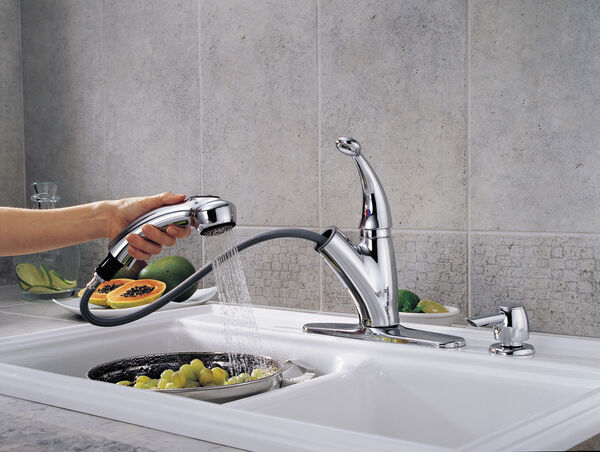 Single Handle Pull-Out Kitchen Faucet with Soap Dispenser in Chrome 468