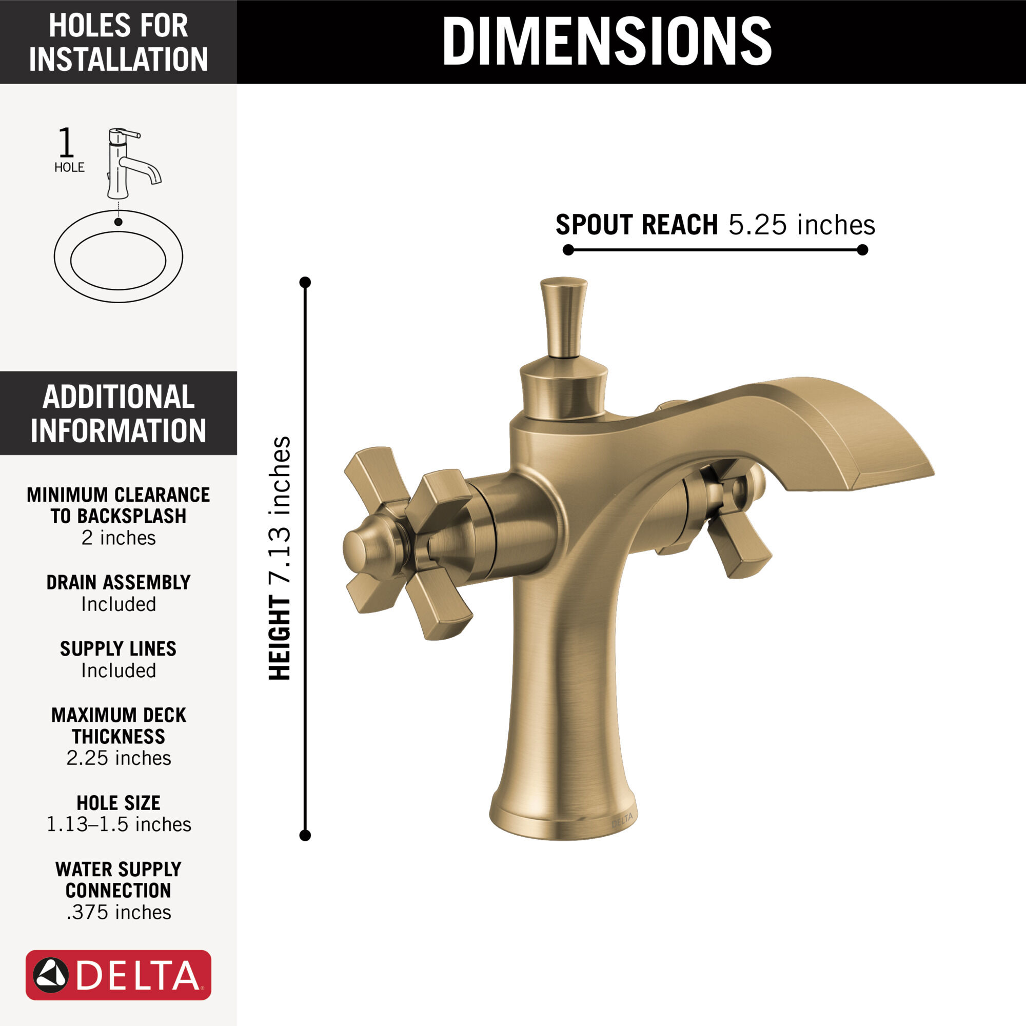 Two Handle Single Hole Monoblock Bathroom Faucet in Champagne