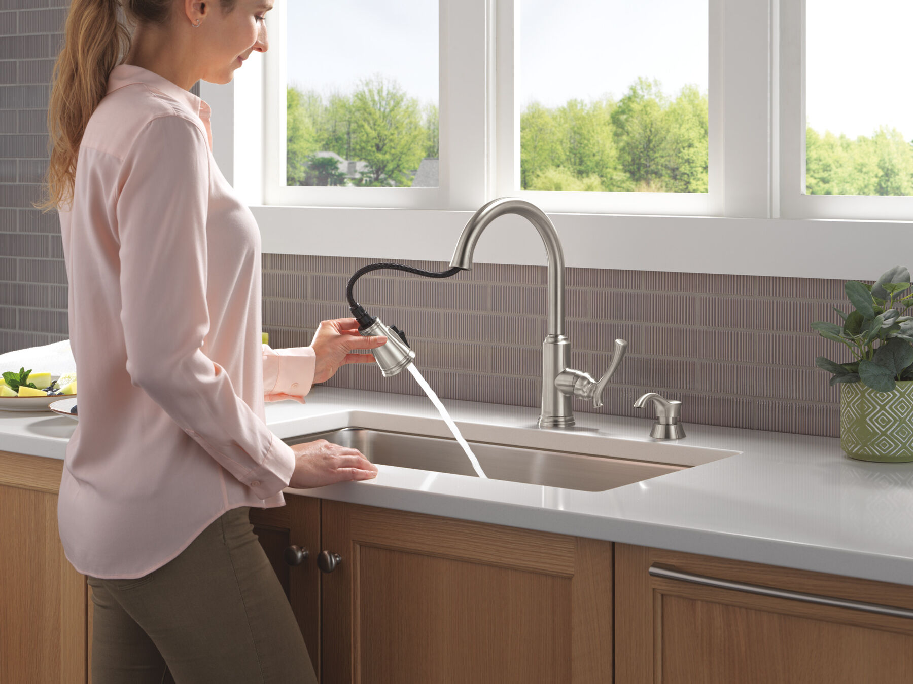 Single Handle Pull-Down Kitchen Faucet with Soap Dispenser and ShieldSpray® Technology in Stainless — thumbnail 3