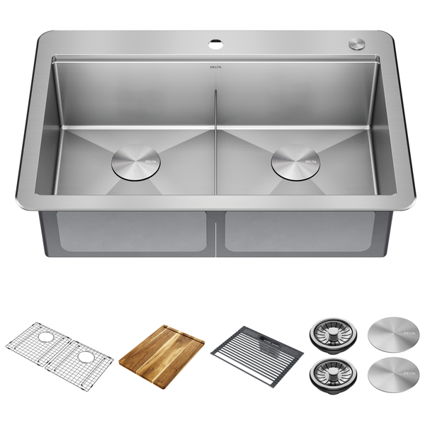 33” Workstation Drop-In Top Mount Double Bowl 16 Gauge Stainless Steel  Kitchen Sink with WorkFlow™ Ledge and Accessories in Stainless Steel  95A9032-T33D-SS Delta Faucet