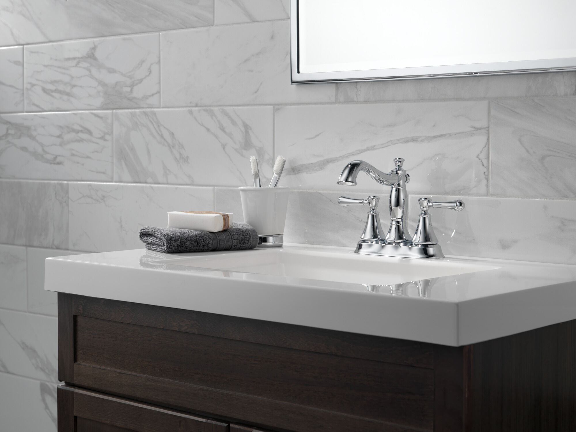 Two Handle Centerset Bathroom Faucet - Metal Pop-Up in Chrome