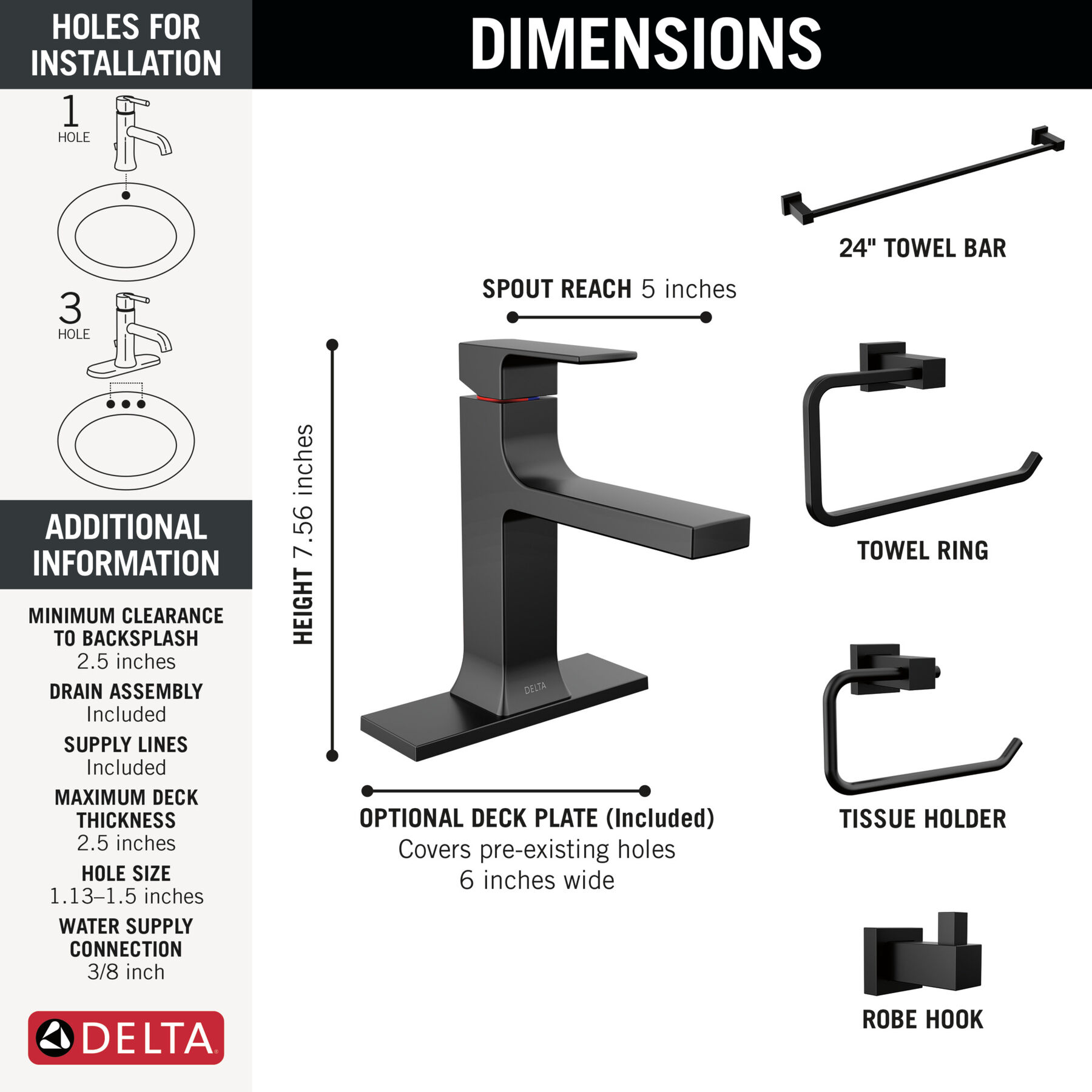 Single Handle Lavatory Faucet with Bathroom Accessories Bundle in Matte ...