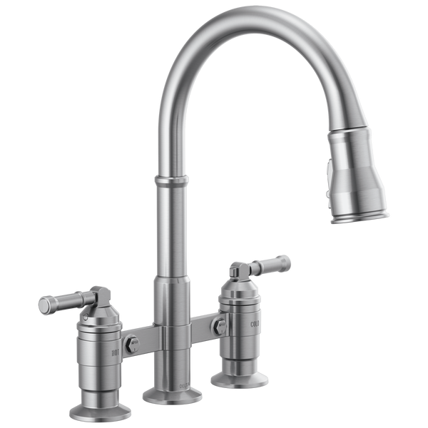 Two Handle PullDown Bridge Kitchen Faucet in Arctic Stainless 2390LAR